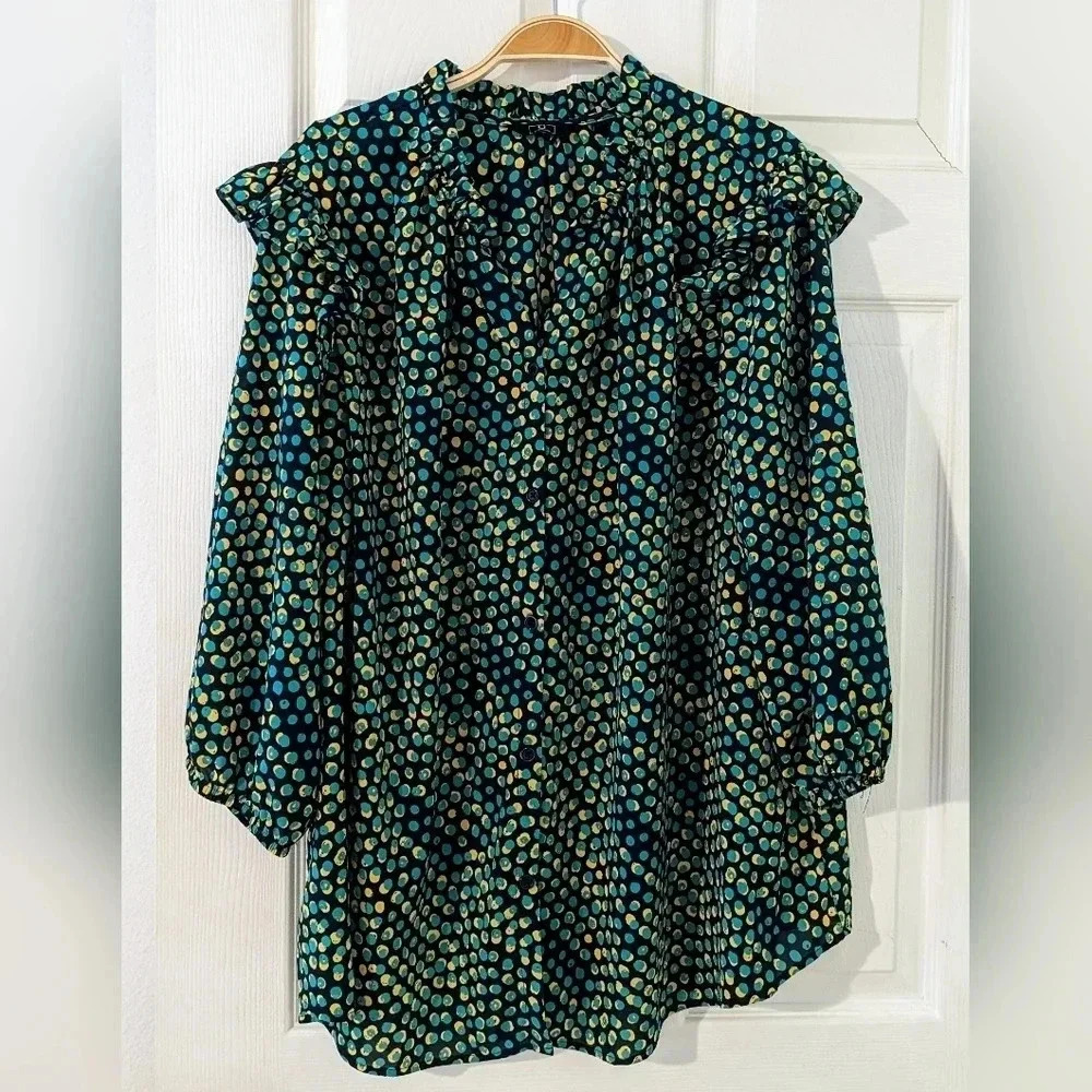 G By Giuliana Button-Down Polka Dot Polyester Long Blouse Top Women Size 2X NWOT